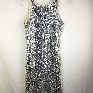 Marti Silver Mirrored Sequin Sleeveless Midi Sheath Dress Sz S